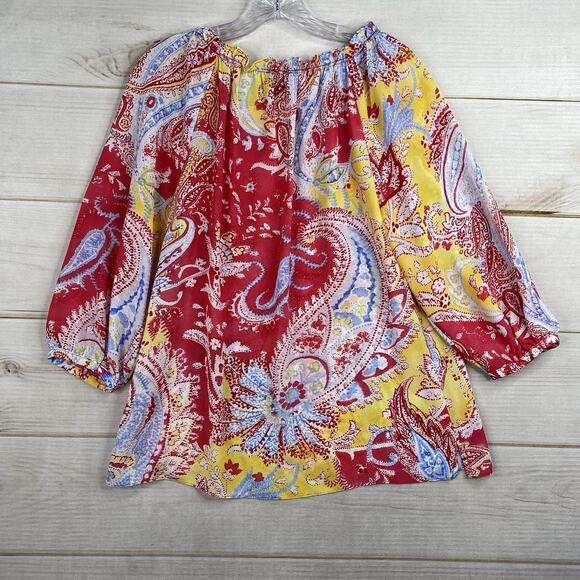 Chaps Ralph Lauren Top Womens M Red Paisley Colorful Peasant Boho Artsy Sheer - Picture 7 of 7